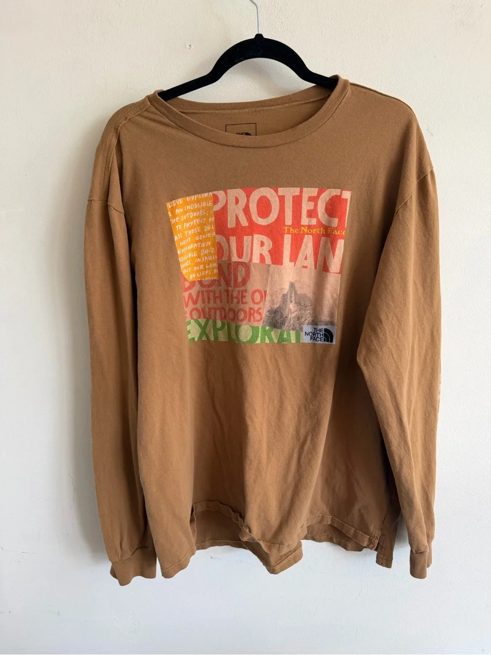 The North Face Brown Long Sleeve Graphic Tee with Multicolor Print